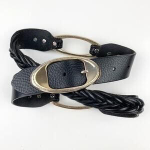 Brighton Braided Belt Black Leather Metal Hardware Women's 36